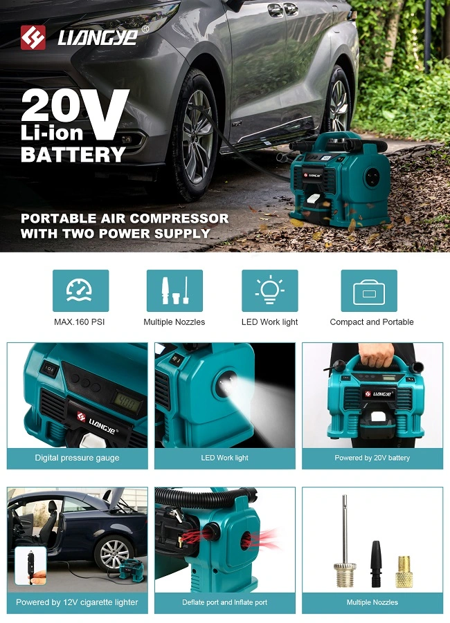 Liangye Battery Operated Power Tools 18V Cordless Portable Car Tire Inflator Air Pump